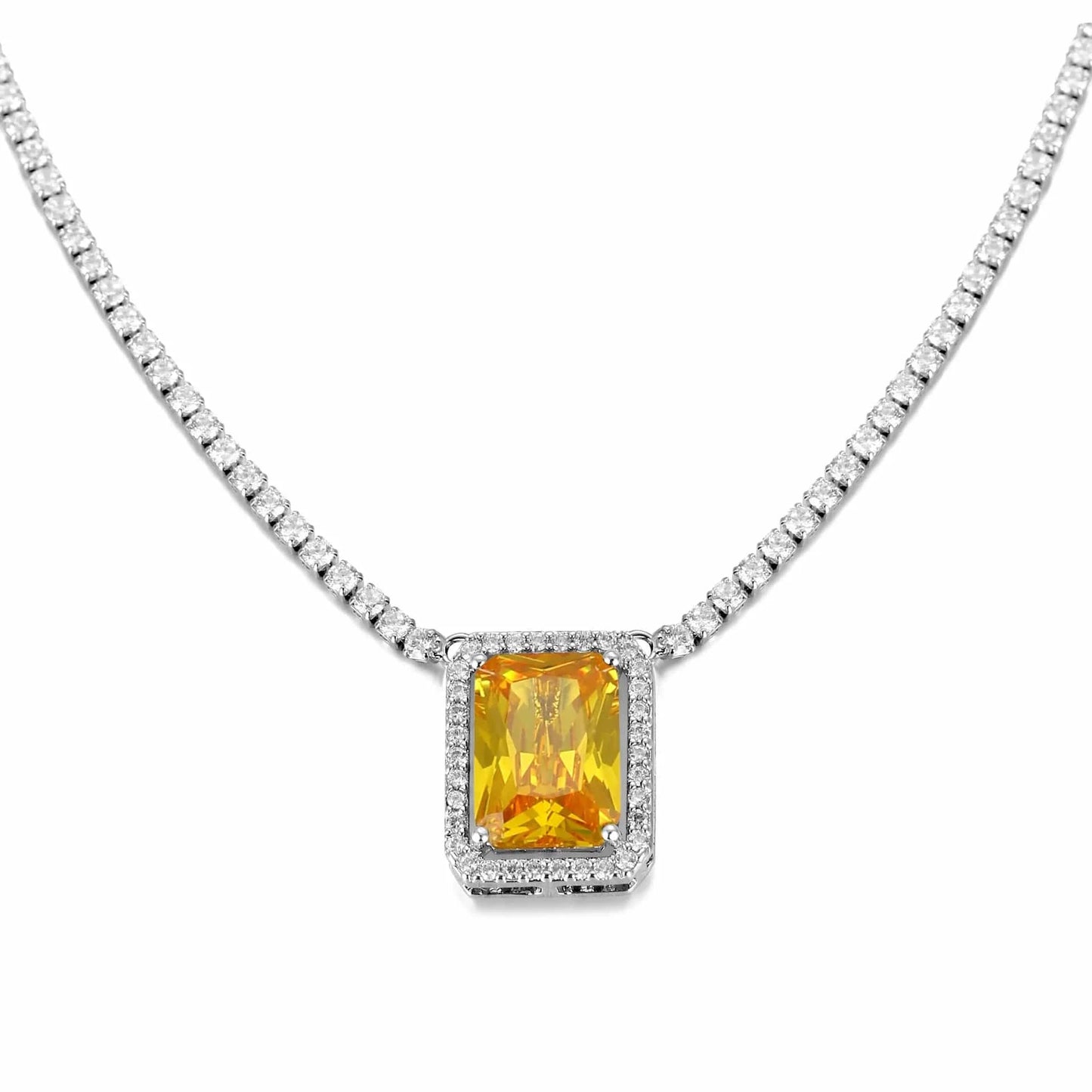 18inches / Yellow European and American Hot Selling Hip-Hop Zircon Tennis Chain Big Square Necklace For Women Collarbone Chain Popular Jewelry