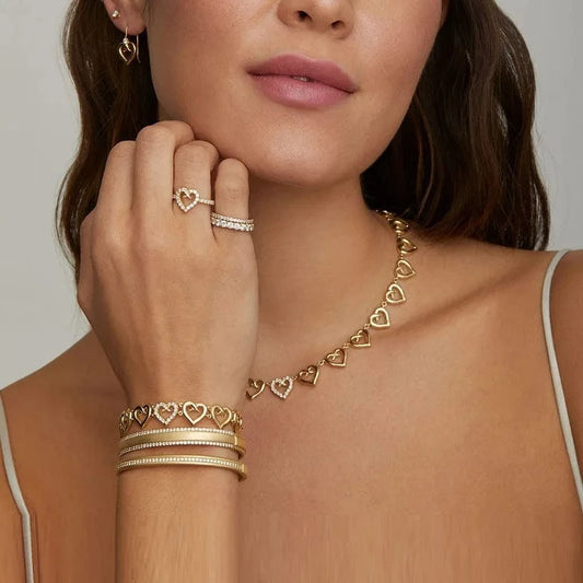 18K Gold Plated Charm Fashion Women Jewelry Set Micro Pave 5A CZ Diamond Hallow Heart Shape Necklace Bracelet Ring Earring