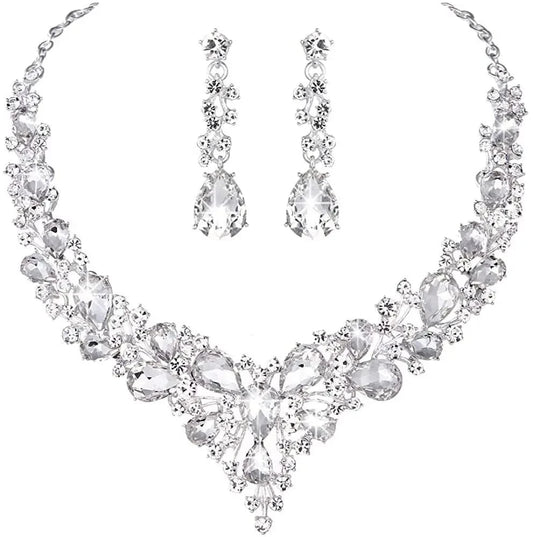 18K Gold Plated Crystal Teardrop Cluster Necklace & Earrings Set
