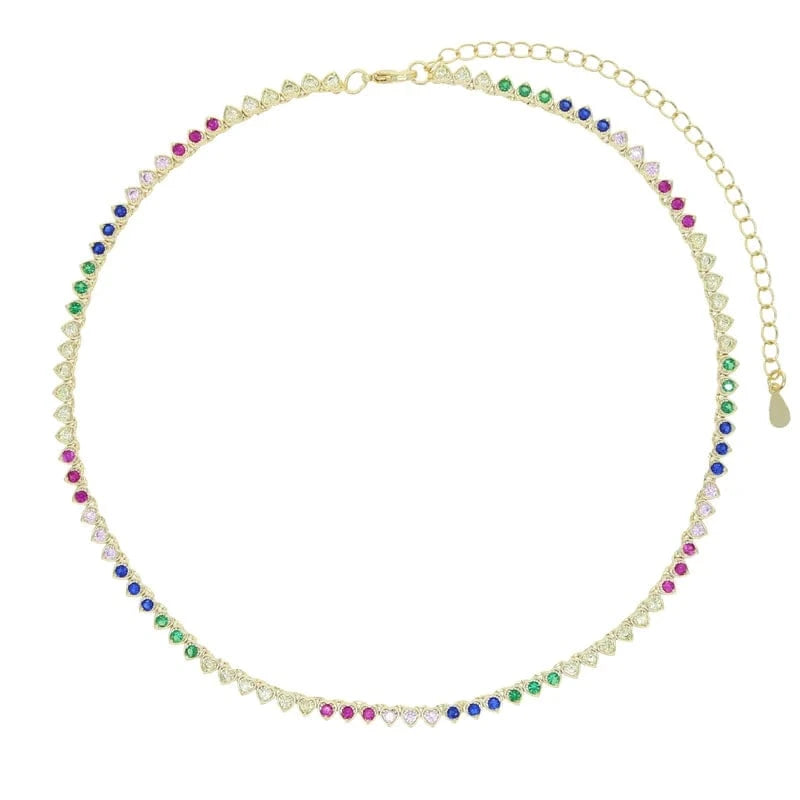 18K Gold Plated Rainbow Fashion Women Set Jewelry CZ Bezel Heart Colorful Diamond Tennis Necklace