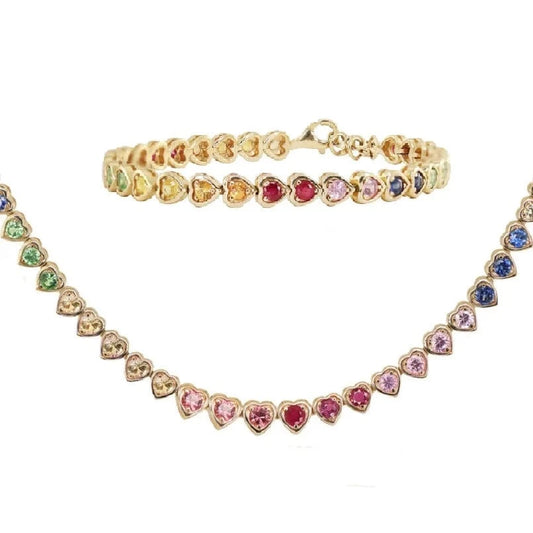18K Gold Plated Rainbow Fashion Women Set Jewelry CZ Bezel Heart Colorful Diamond Tennis Necklace