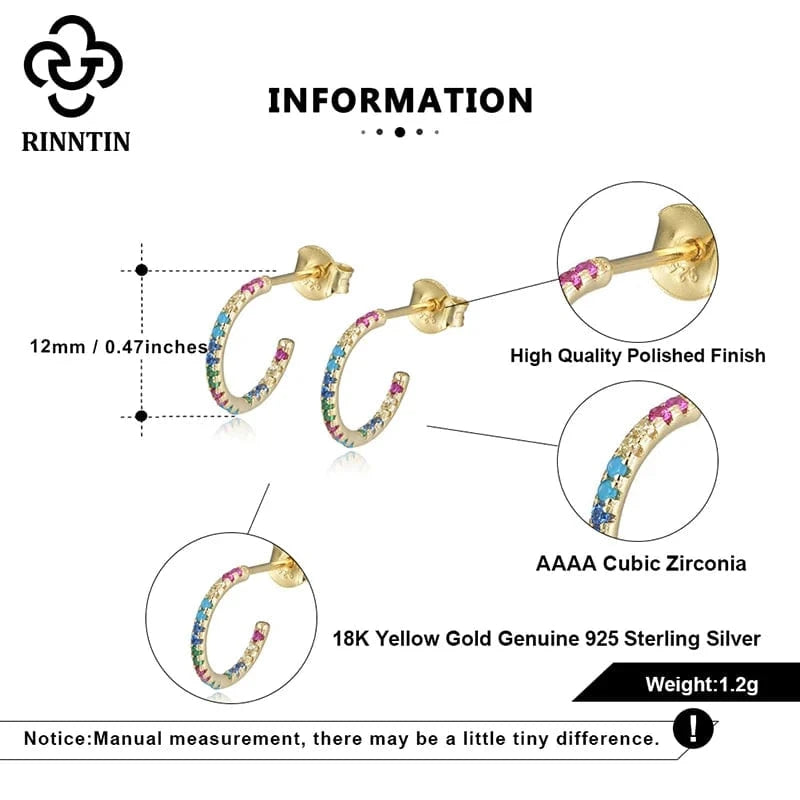 18K Gold Plated RINNTIN EQE38 Fine Jewelry 18K Gold Plated 925 Sterling Silver Rainbow Multi Color Zircon C Shaped Hoop Earrings