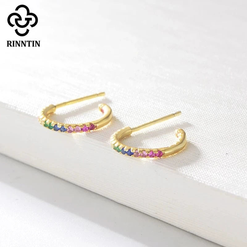 18K Gold Plated RINNTIN EQE38 Fine Jewelry 18K Gold Plated 925 Sterling Silver Rainbow Multi Color Zircon C Shaped Hoop Earrings