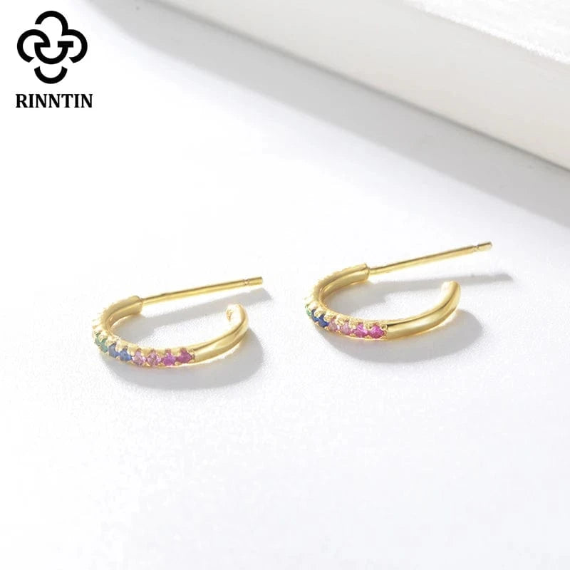 18K Gold Plated RINNTIN EQE38 Fine Jewelry 18K Gold Plated 925 Sterling Silver Rainbow Multi Color Zircon C Shaped Hoop Earrings