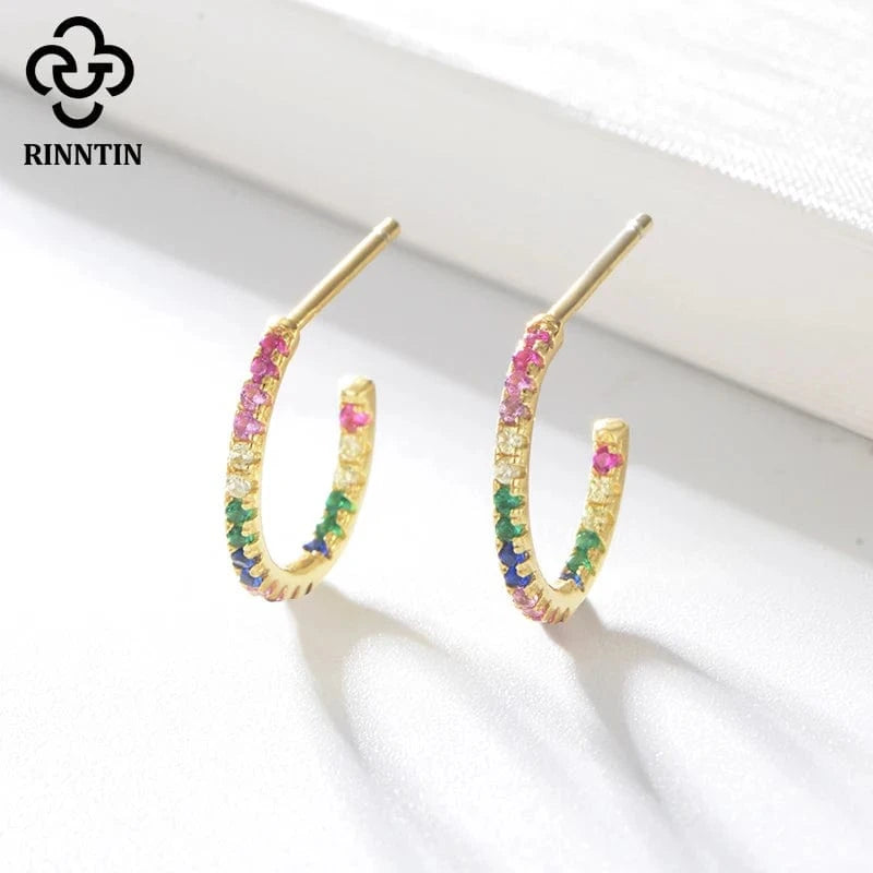18K Gold Plated RINNTIN EQE38 Fine Jewelry 18K Gold Plated 925 Sterling Silver Rainbow Multi Color Zircon C Shaped Hoop Earrings