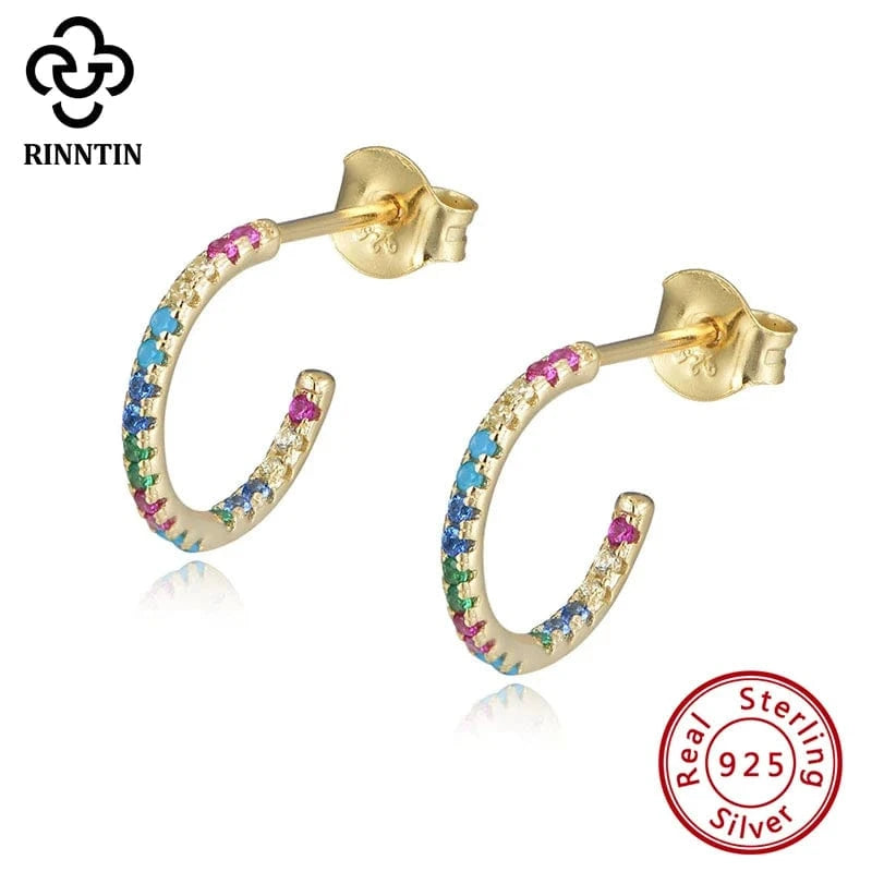 18K Gold Plated RINNTIN EQE38 Fine Jewelry 18K Gold Plated 925 Sterling Silver Rainbow Multi Color Zircon C Shaped Hoop Earrings