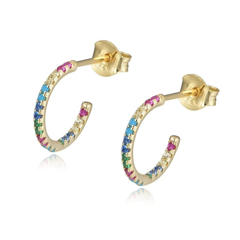 18K Gold Plated RINNTIN EQE38 Fine Jewelry 18K Gold Plated 925 Sterling Silver Rainbow Multi Color Zircon C Shaped Hoop Earrings