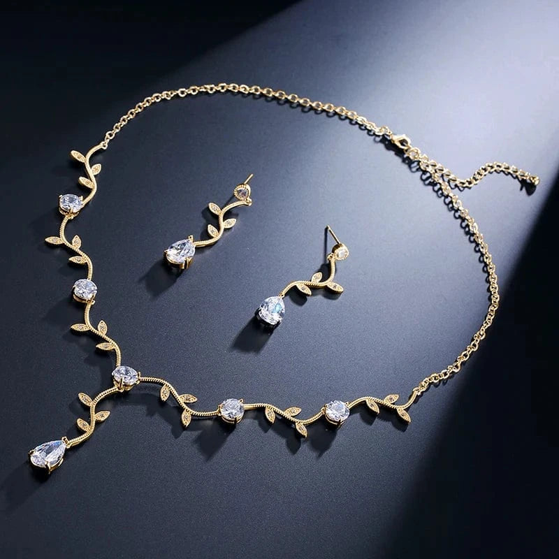 18k gold plating RAKOL SP233 Cheap Wedding Bridal CZ Jewelry Set Silver Leaf Branch Zircon Necklace Earrings Set