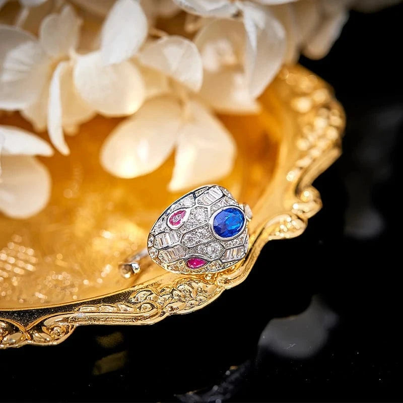 18K Inlaid Blue Zircon Open Red Eyes Matching Couple Snake Ring Premium Custom Jewelry