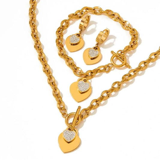 18k Stainless Steel Gold Plated Jewelry OT Buckle Heart Zircon Pendant Necklace Bracelet Earrings Jewelry Set