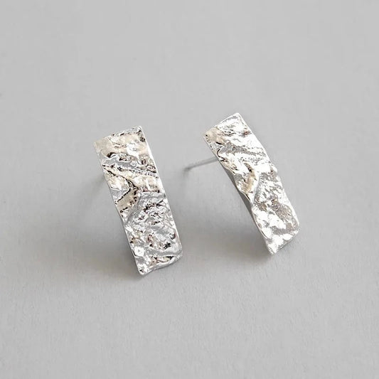 19.3*7mm / YB-A5028 Silver Wholesale 925 Sterling Silver Irregular Hammered Rectangle Shape Stud Earrings Fine Jewelry Gifts