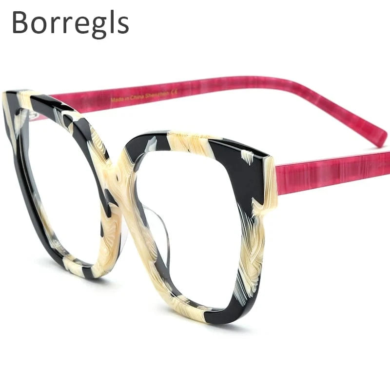19340 Black White Borregls Acetate Cat Eye Glasses Frame 2024 New Trendy Eyeglasses Women Optical Prescription Spectacles Eyewear 19340