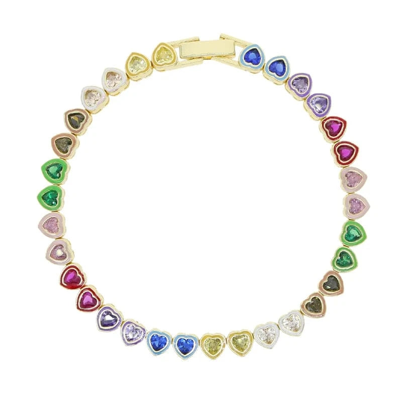19CM / B125-Gold Gradient Ramp Colorful Bezel Heart Tennis Bracelet 5A CZ Gold Plated Women Fashion Rainbow Jewelry