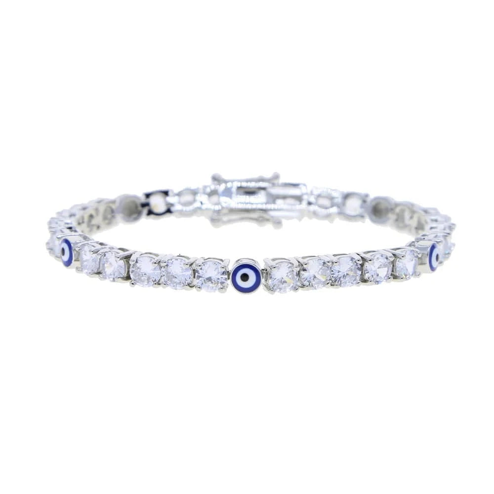 19CM / B329-Silver blue 2023 top quality jewelry bling iced out micro pave cz evil eye round diamond tennis chain women bracelet