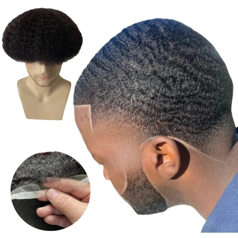 1B# / 6 Inches Men Toupee Afro for black men wholesale price ready to ship worldwide Black Wig thin skin men Kinky Afro Curly Wig