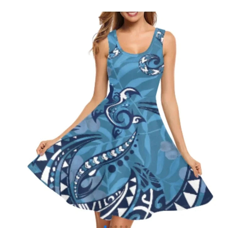 1pc Custom Pink Polynesian Flower Print Spaghetti Strap Party Dresses Summer Sleeveless Swing Essentials Women's Tank Midi Dress