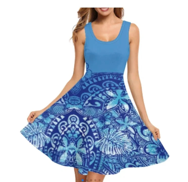 1pc Custom Pink Polynesian Flower Print Spaghetti Strap Party Dresses Summer Sleeveless Swing Essentials Women's Tank Midi Dress