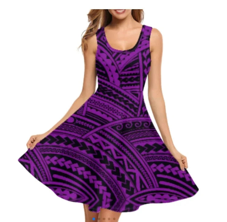 1pc Custom Pink Polynesian Flower Print Spaghetti Strap Party Dresses Summer Sleeveless Swing Essentials Women's Tank Midi Dress