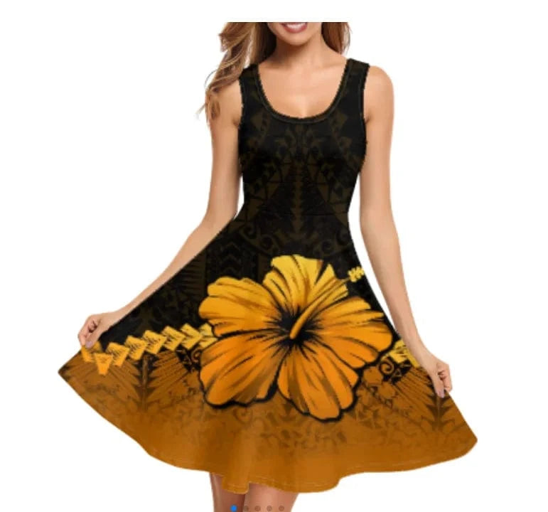 1pc Custom Pink Polynesian Flower Print Spaghetti Strap Party Dresses Summer Sleeveless Swing Essentials Women's Tank Midi Dress