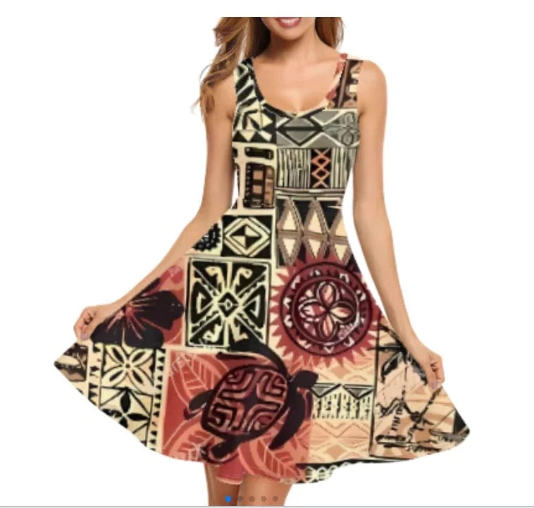1pc Custom Pink Polynesian Flower Print Spaghetti Strap Party Dresses Summer Sleeveless Swing Essentials Women's Tank Midi Dress