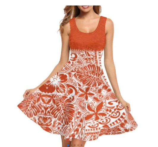 1pc Custom Pink Polynesian Flower Print Spaghetti Strap Party Dresses Summer Sleeveless Swing Essentials Women's Tank Midi Dress