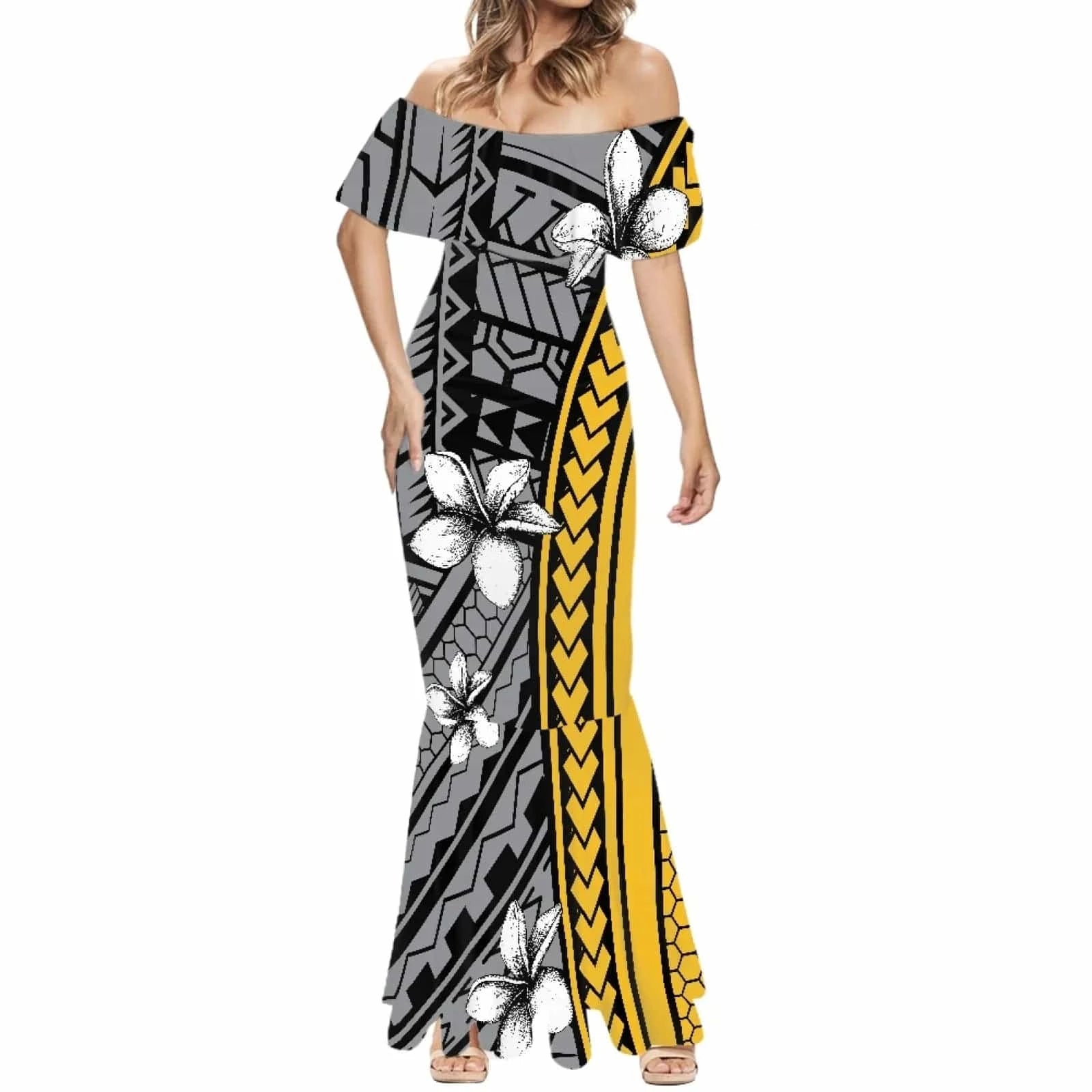 1pc Customized Hawaiian Print Women's 2024 Summer Dress Off The Shoulder Short Sleeve Shawl Casual Party Bodycon Mixi Dresses