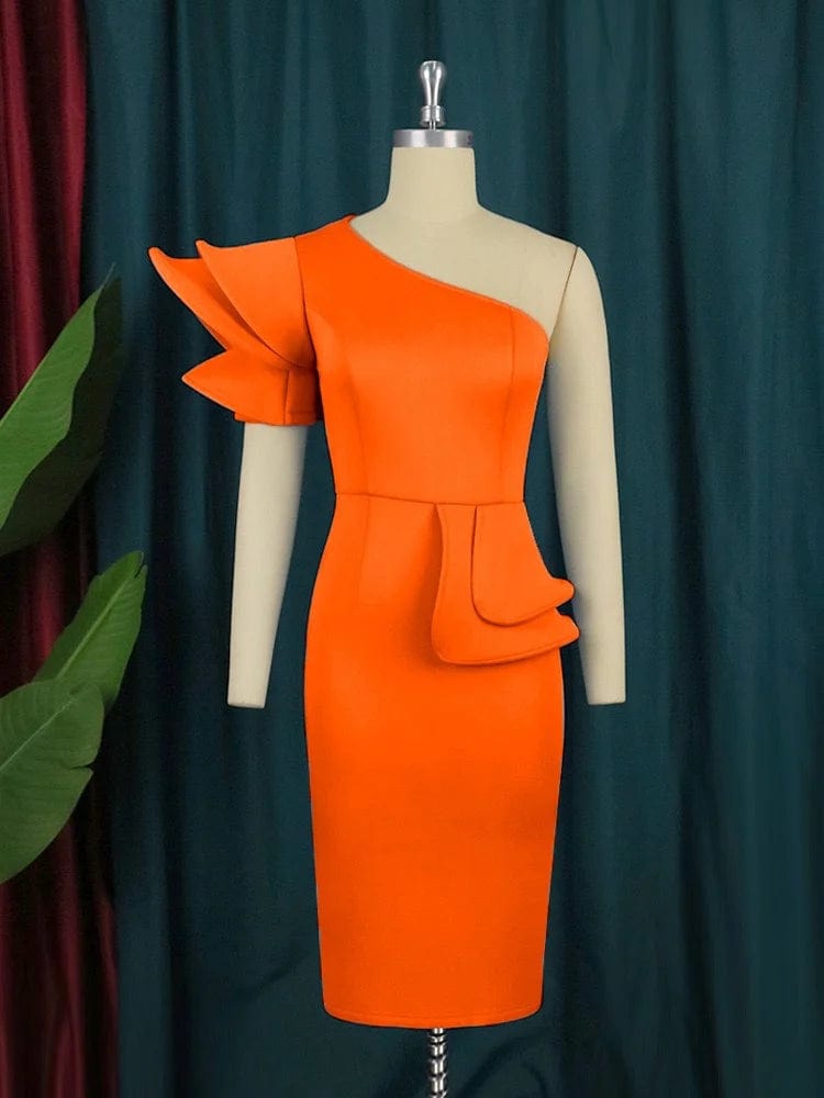 1XL / Orange One Shoulder Ruffles High Waist Peplum Manufacture Pencil Evening Dresses