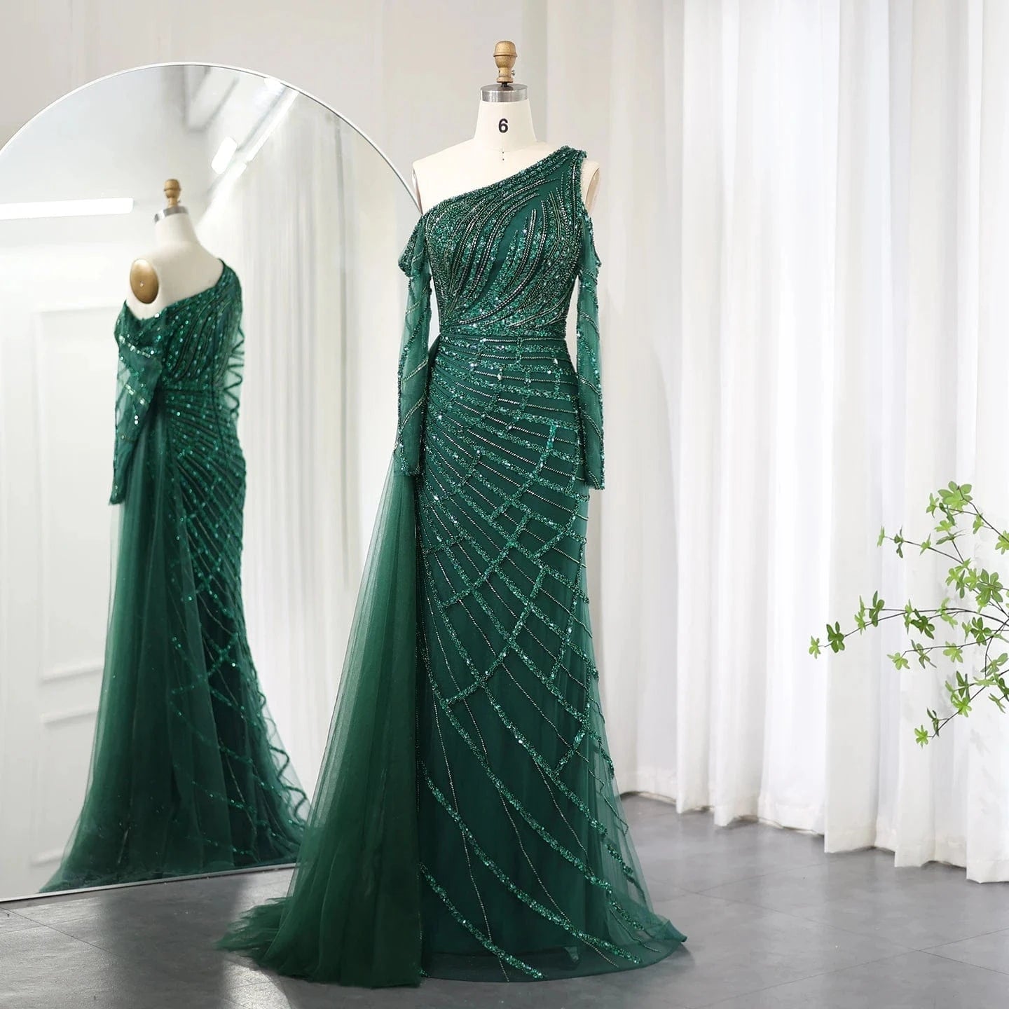 2 / 1 Emerald Green One Shoulder Mermaid Evening Dress with Overskirt Long Sleeves Luxury Dubai Wedding Party Gowns SZ413