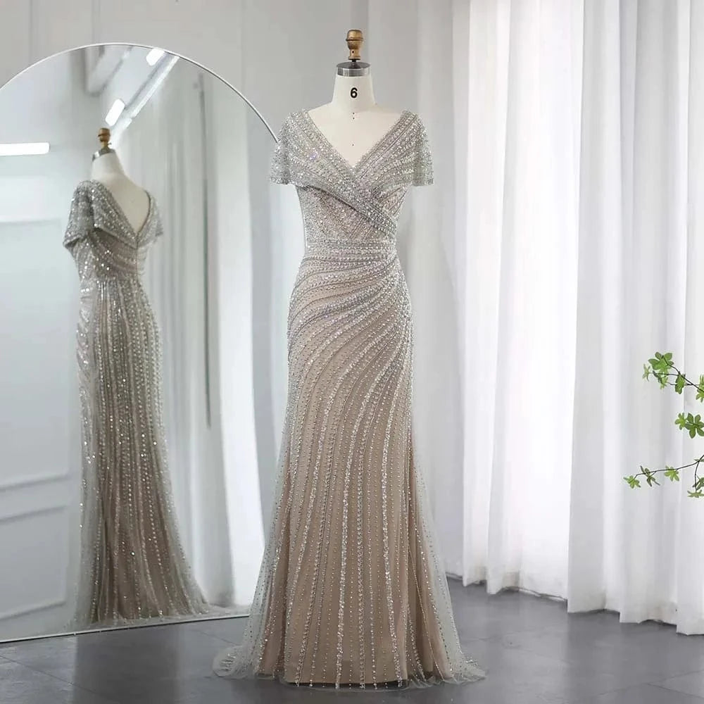 2 / 1 Luxury Dubai Silver Nude Mermaid Evening Dresses For Women Wedding Elegant Cap Sleeves Arab Formal Party Gowns Sz045