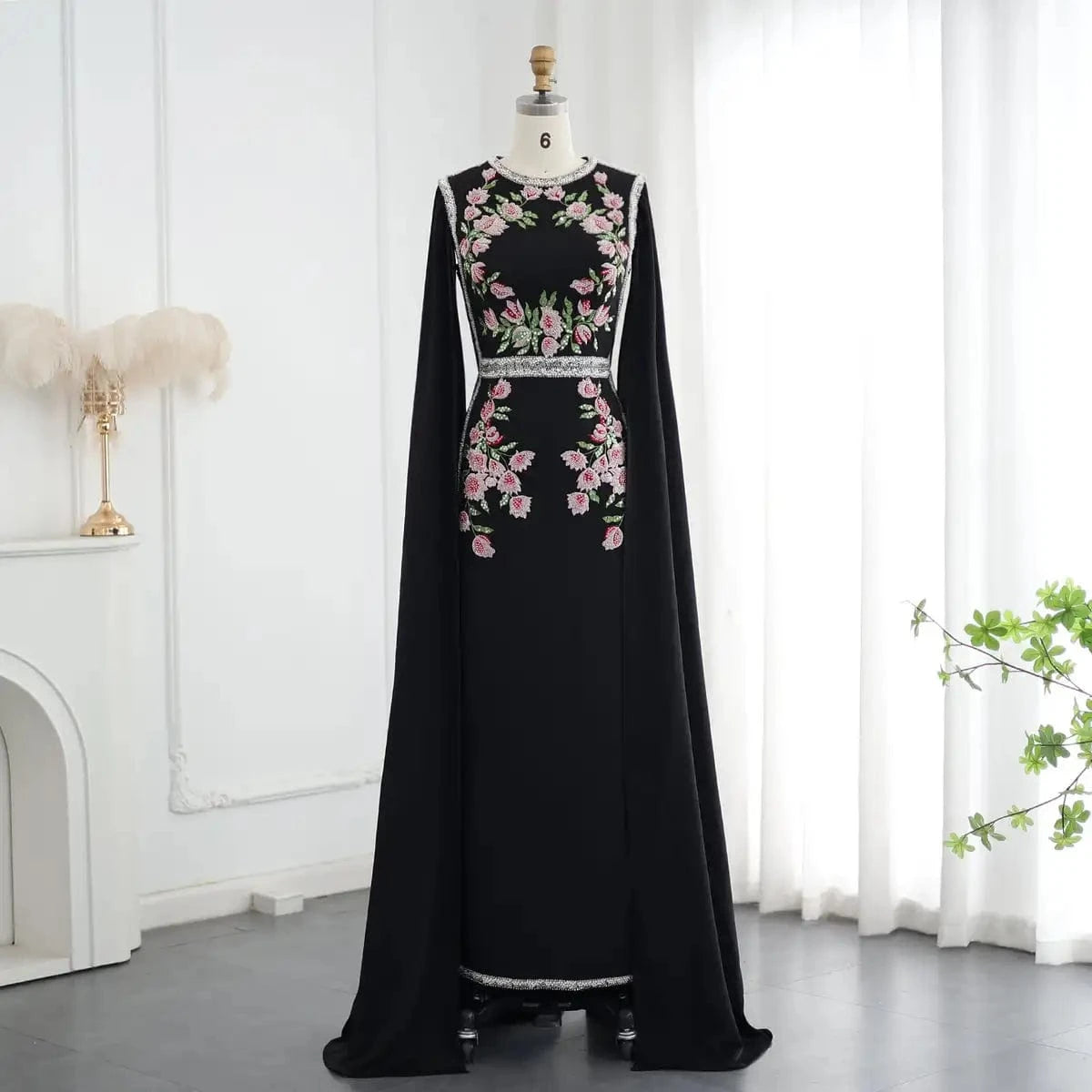 2 / 1 Luxury Embroidered Beaded Black Evening Dress With Cape Sleeves Dubai Women Wedding Party Gowns LSZ487