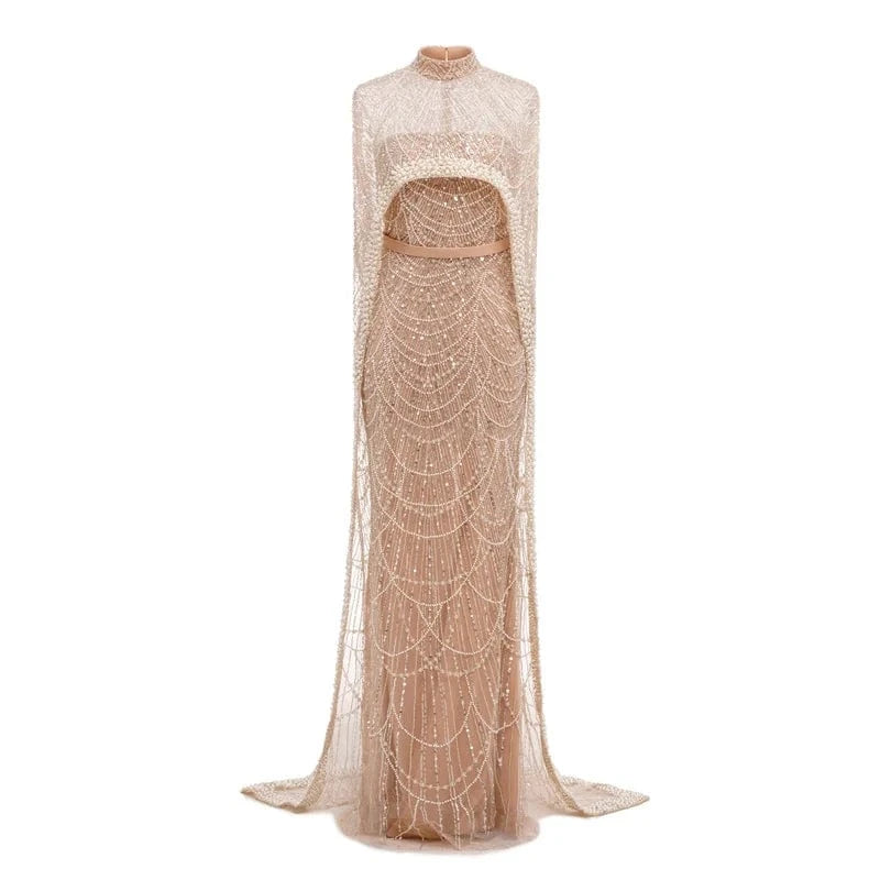 2 / Color 1 Luxurious Beaded Formal Dresses Strapless Mermaid Evening Elegant Dress With Long Cape