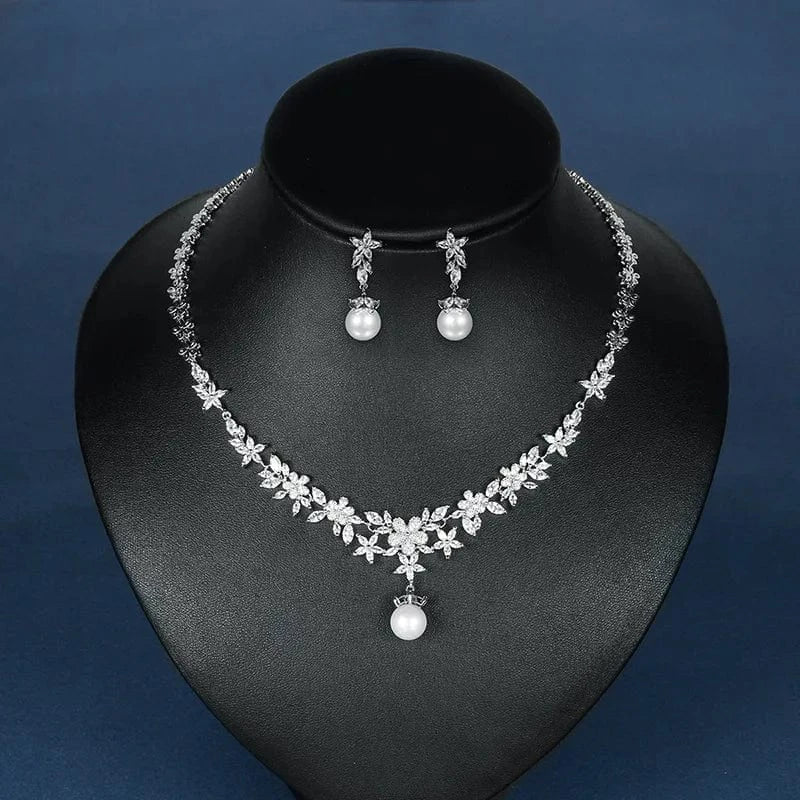 2 Hot selling wholesale wedding jewelry sets exquisite zircon flower pearl pendant necklace dangle drop earrings bridal party set
