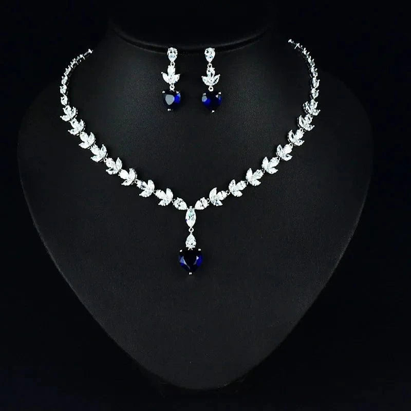 2 Korean luxury heart zircon bridal jewelry set wedding minimalist leaf crystal necklaces dangle stud earrings sets dinner party