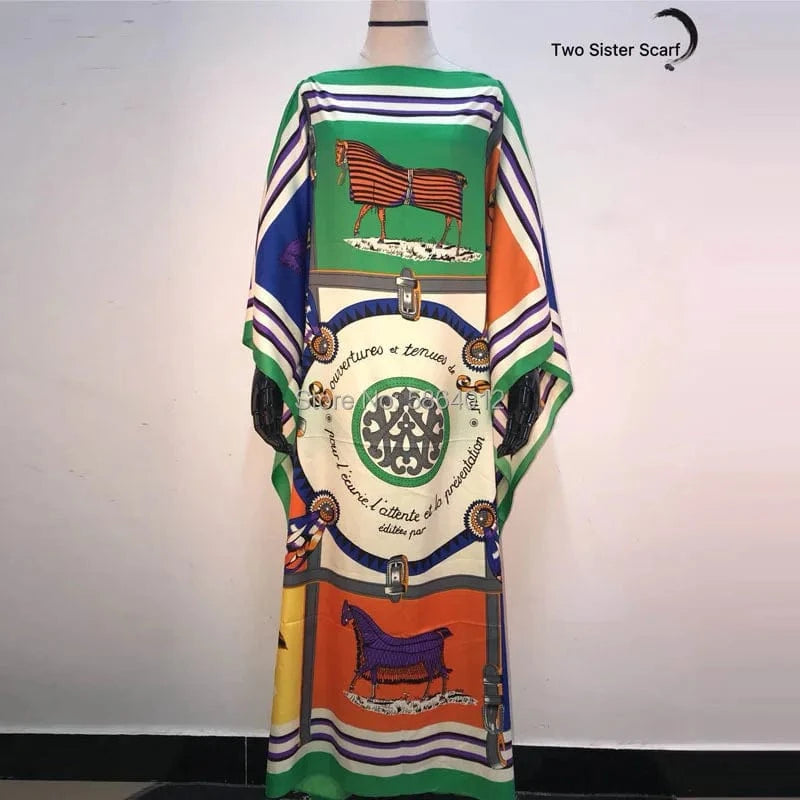 2 / One Size Africa Fashion Blogger Recommend Popular printed Silk Kaftan Maxi dresses Loose Summer Beach Bohemian kaftan long dress for lady