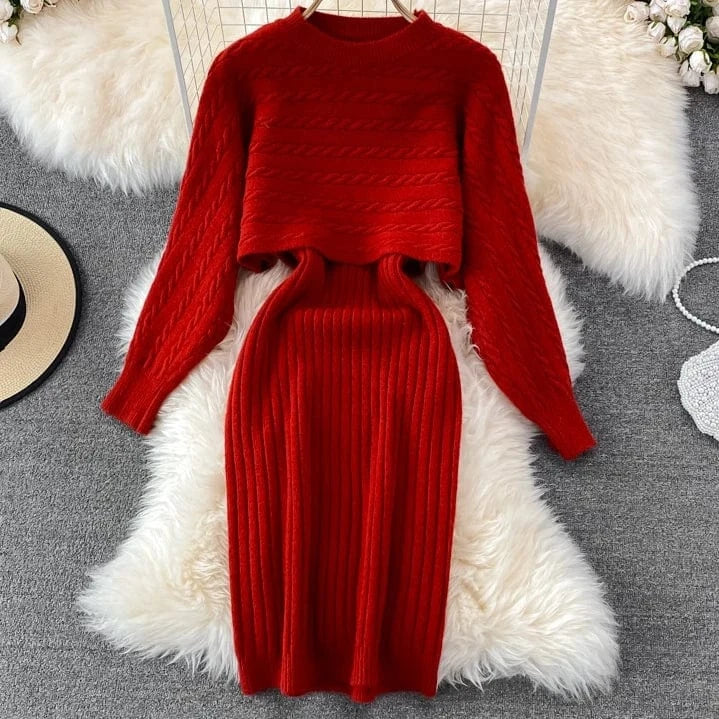2 piece Autumn Winter Style Loose Top Knitted Two Piece Sweater Dress Sets for Women