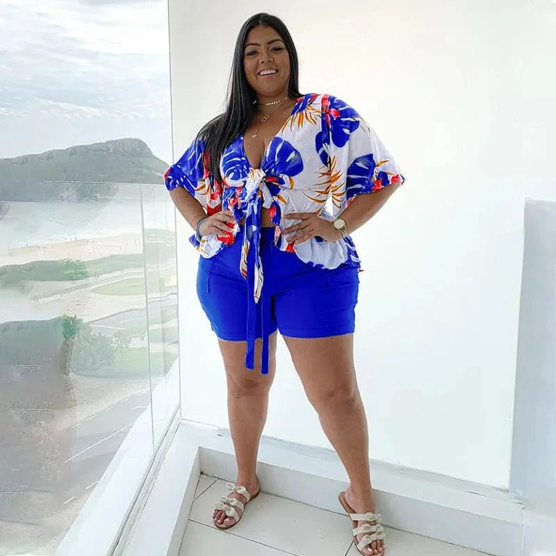 2 piece Loose Elegant Printed Casual T-shirt and Shorts Two Piece Plus Size Women's Set