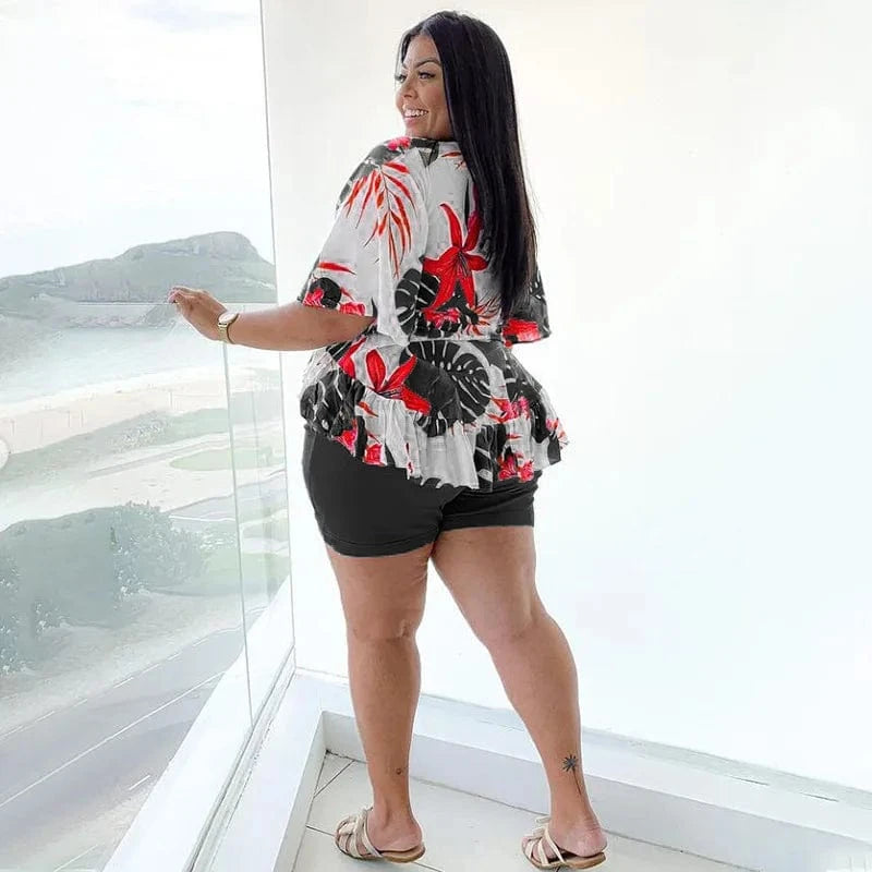 2 piece Loose Elegant Printed Casual T-shirt and Shorts Two Piece Plus Size Women's Set