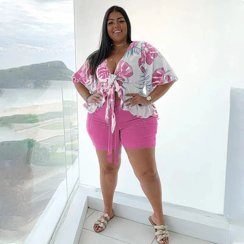 2 piece Loose Elegant Printed Casual T-shirt and Shorts Two Piece Plus Size Women's Set