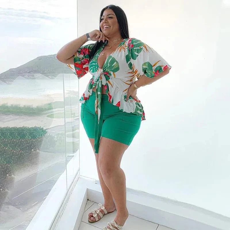 2 piece Loose Elegant Printed Casual T-shirt and Shorts Two Piece Plus Size Women's Set