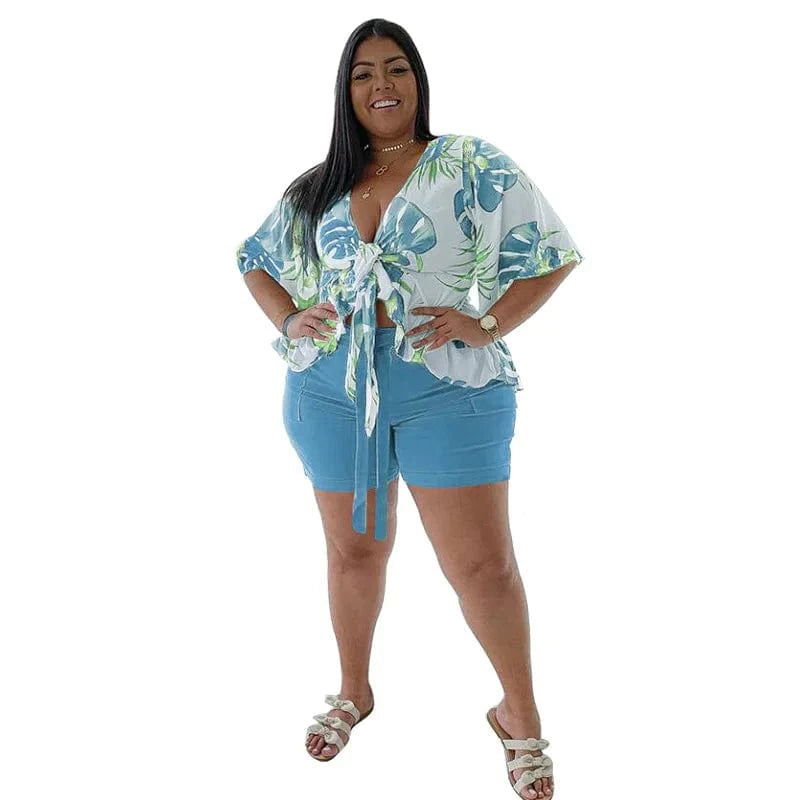 2 piece Loose Elegant Printed Casual T-shirt and Shorts Two Piece Plus Size Women's Set