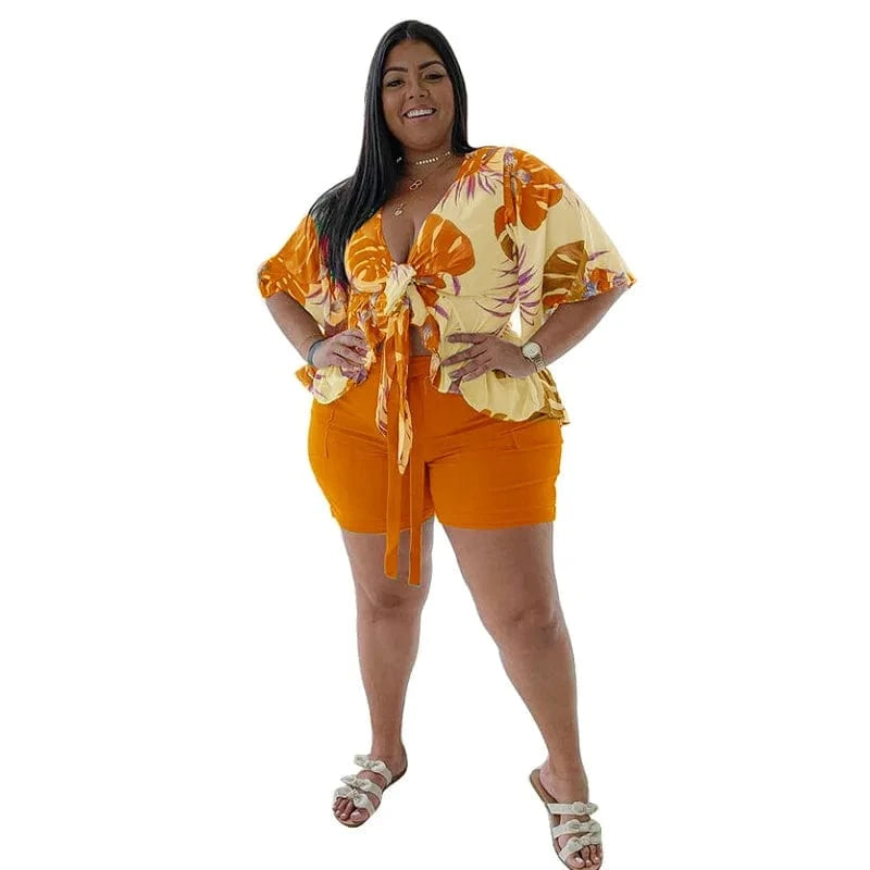 2 piece Loose Elegant Printed Casual T-shirt and Shorts Two Piece Plus Size Women's Set