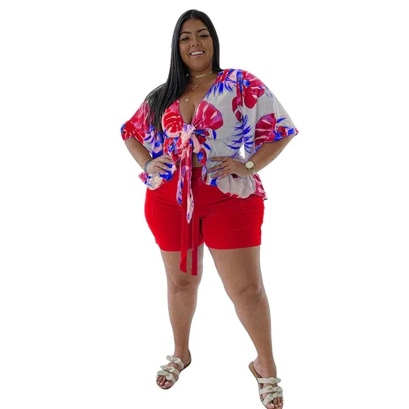 2 piece Loose Elegant Printed Casual T-shirt and Shorts Two Piece Plus Size Women's Set