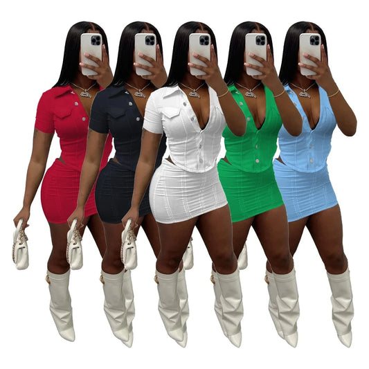 2 Piece Set Button Women Shorts Set Women Fitness Ladies Skirts and Top Set Women Solid Shirts Suit 2023 Summer Outfits