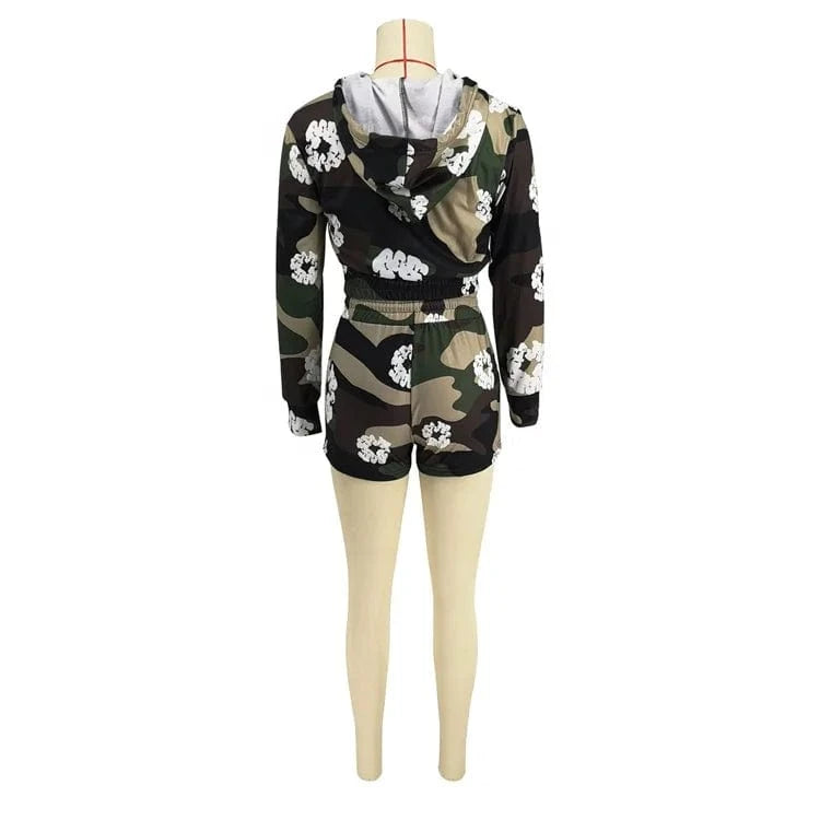 2 Pieces Set Sexy Fashion Women 2024 Summer Spring Female Tops Flower Printing Long Sleeve Hoodies And Elastic Waist Shorts Suit