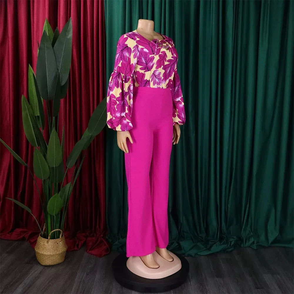 2 Pieces Sets Womens Outfits Two Pieces Outfits Printed Shirts Full Sleeve Long Trouser Fashion Elegant Ladies Matching Sets New