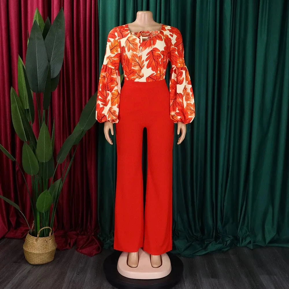 2 Pieces Sets Womens Outfits Two Pieces Outfits Printed Shirts Full Sleeve Long Trouser Fashion Elegant Ladies Matching Sets New