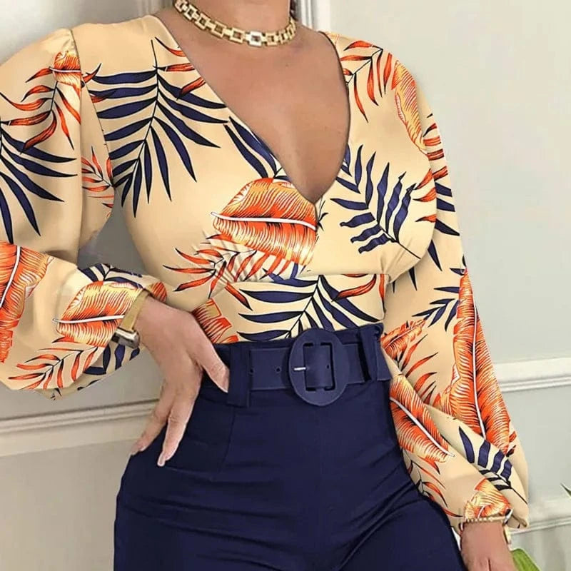 2 XL / 1 2024 T-Shirt Sexy Crop Top spring Elegant Long Sleeve V Neck Ruffle Chiffon Trim Floral Print Shirt Tops Clothing For Women