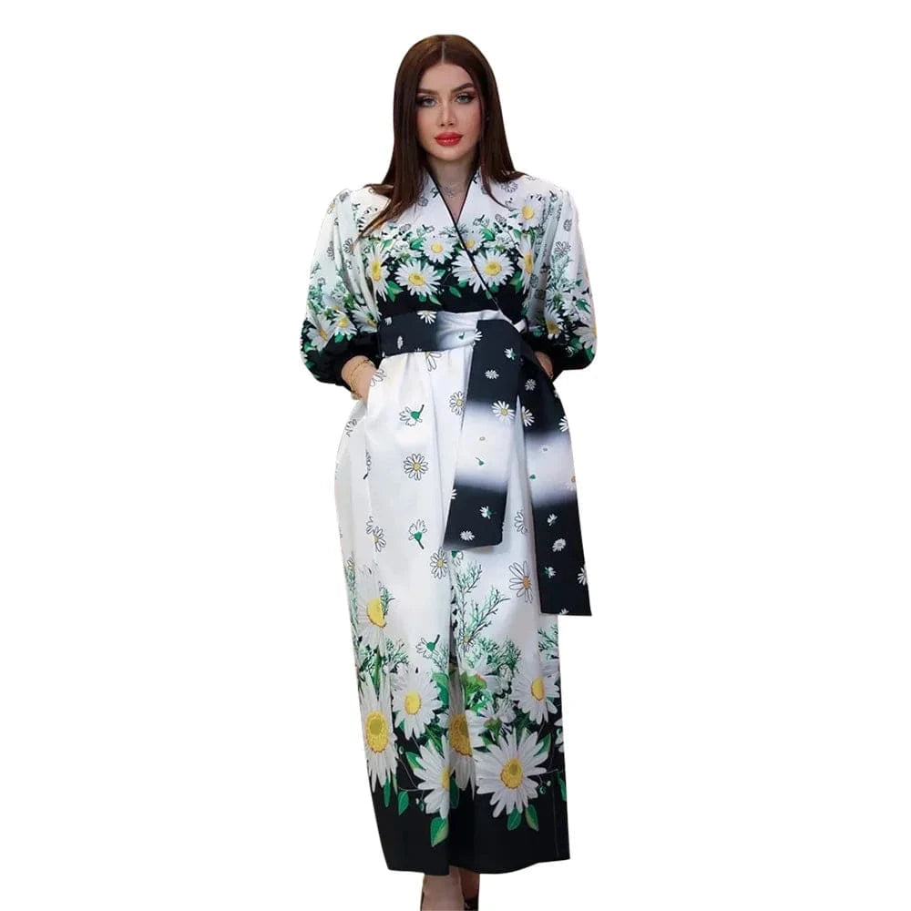 2 XL / 1 ZHEZHE Dubai Arab 2024 Spring New Fashion Printed Print 5/4 Sleeve Robe Dress Elegant Maxi Casual Dress