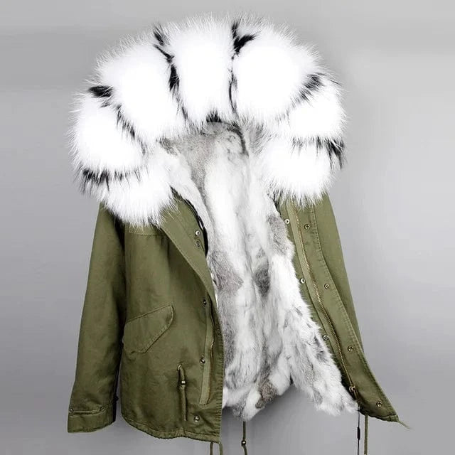 2 XL / 13 Drop Shipping Maomaokong Oversize Raccoon Fur Hood Short Parka Rabbit Fur Lined Winter Jacket Coat with Fur