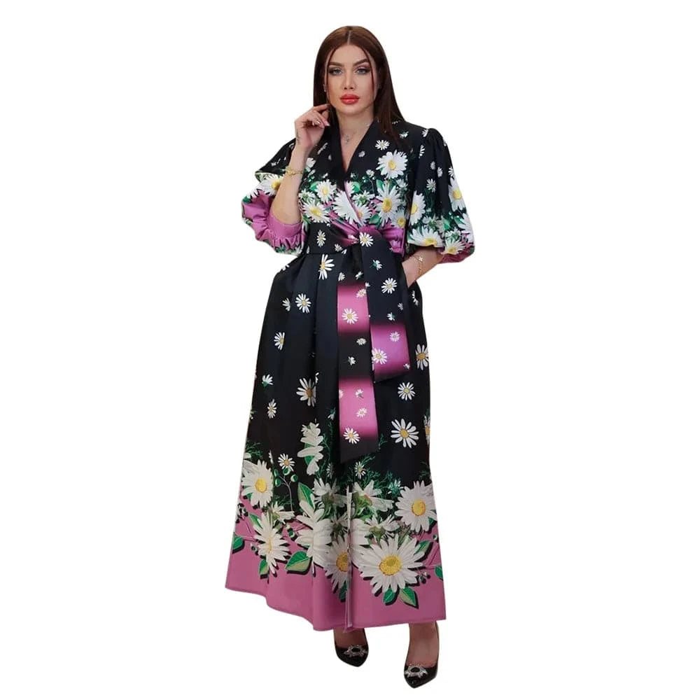 2 XL / 3 ZHEZHE Dubai Arab 2024 Spring New Fashion Printed Print 5/4 Sleeve Robe Dress Elegant Maxi Casual Dress